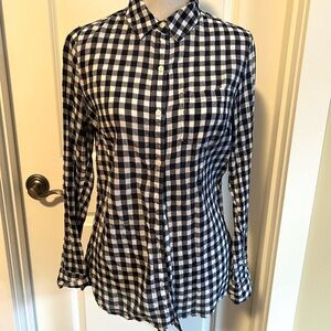 Banana Republic Gingham Navy Blue White check button-down blouse